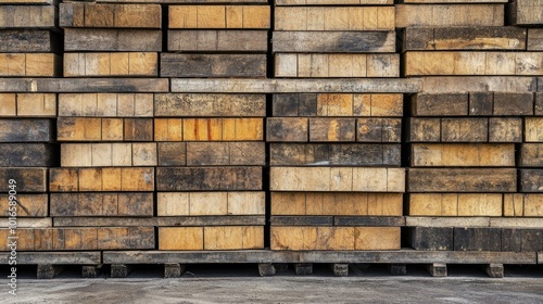 Wooden planks stacked neatly on a building site, ample space for text