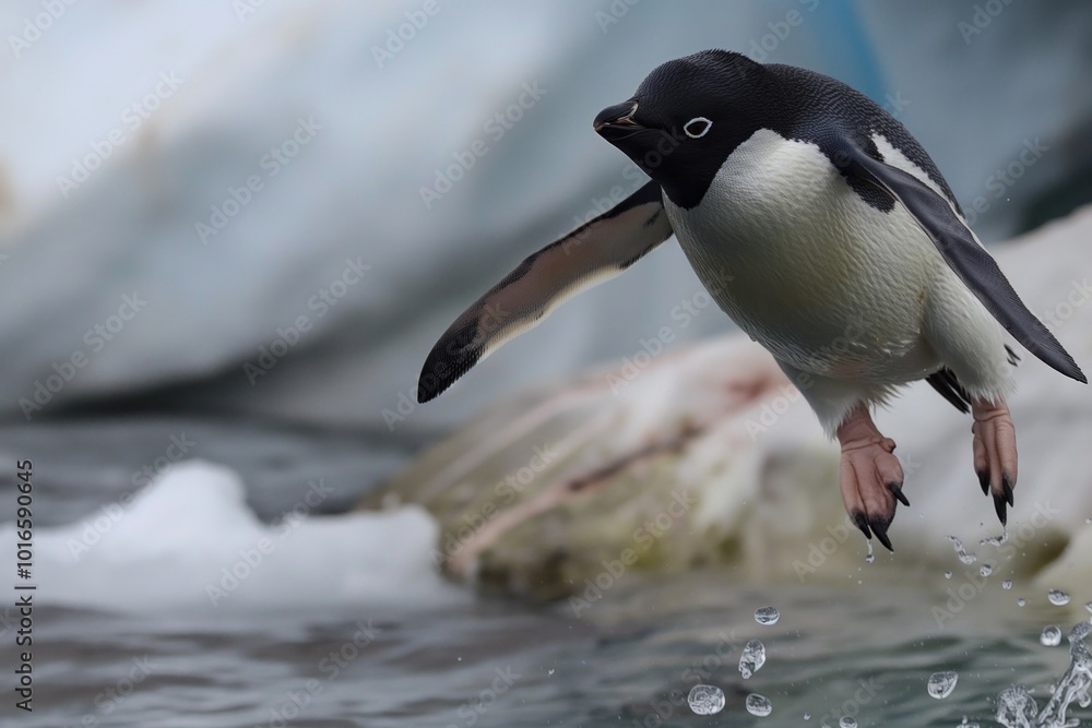 Fototapeta premium Black and white penguin mid-flight in snowy landscape. Penguin wings spread wide, feet firmly planted, dynamic movement. Snowy rocks and ice formations backdrop.