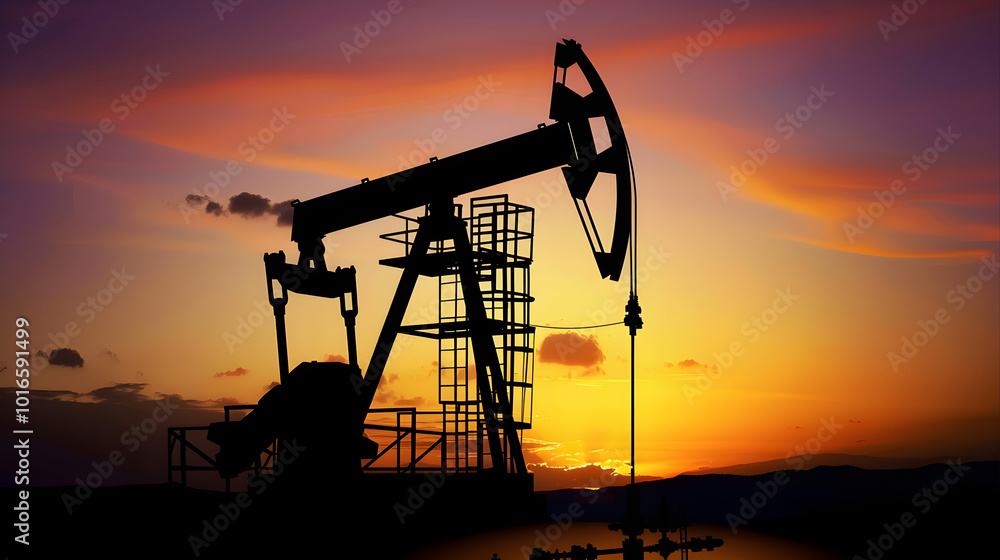 An oil pumpjack silhouetted against a vibrant sunset, its mechanical arms moving up and down, capturing the essence of traditional oil extraction in a rural landscape