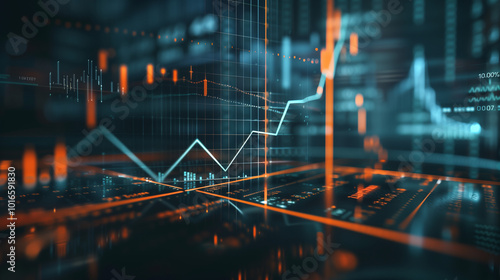 Close-up of digital screen showing downward-trending line graph, symbolizing rate cut in financial markets, economic adjustment concept. photo