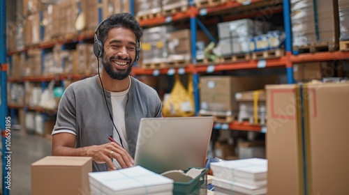 Man works in warehouse organizing donations with laptop, headset, green water bottle. Cluttered desk with coffee cup, pen, busy background with shelves, boxes. Smiling volunteer in gray shirt, red