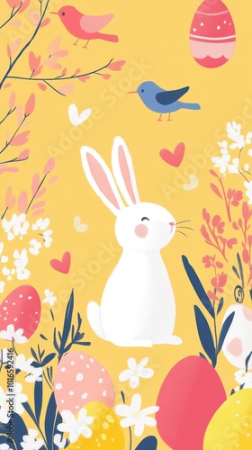 A cheerful rabbit sits among vibrant flowers and decorated eggs while birds flutter above