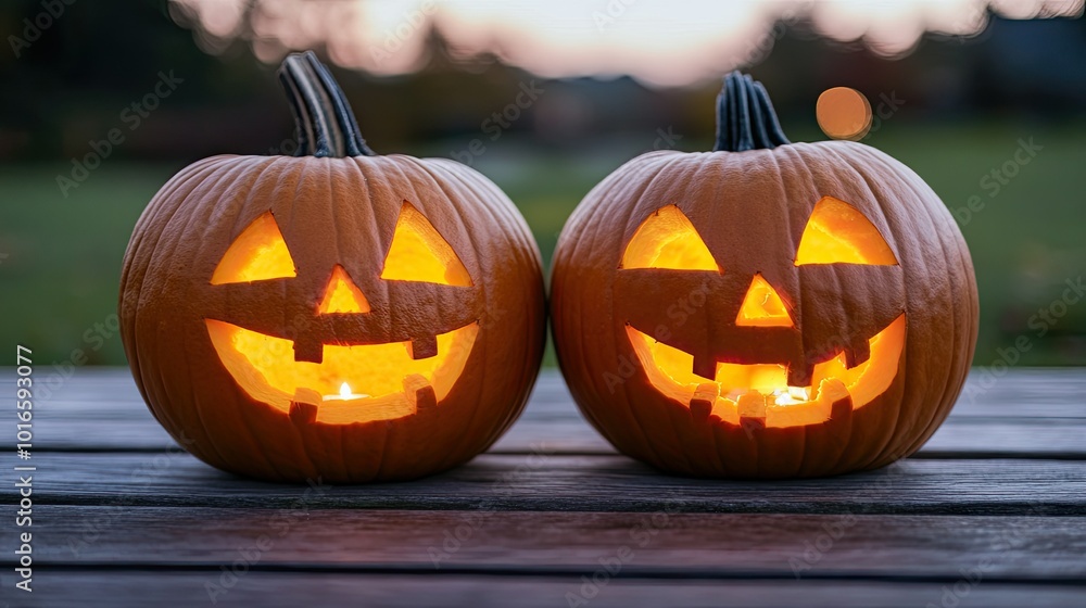 Carved pumpkins glowing on a wooden table, space for copy in the sky