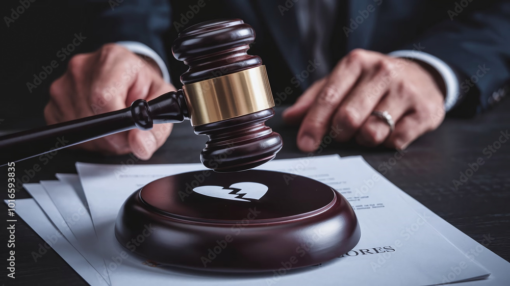 judge hand holding gavel over divorce papers, broken heart symbol visible judge hand holding gavel over divorce papers, broken heart symbol visible