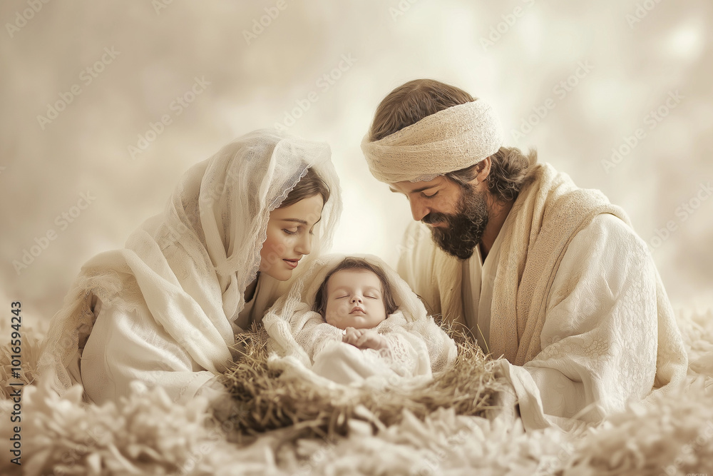 Peaceful nativity scene with Mary, Joseph, and baby Jesus Peaceful nativity scene with Mary, Joseph, and baby Jesus