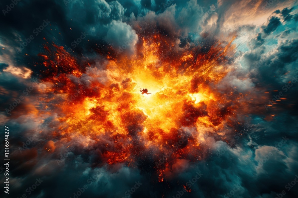 Exhilarating Skydiver in Explosive Cloud Scene Exhilarating Skydiver in Explosive Cloud Scene