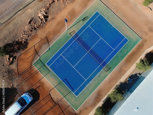 Aerial view of vibrant blue pickleball court in desert landscape. Sturdy fence surrounds court, solitary white car parked on side. Few trees nearby, clear blue sky above completes scene. photo