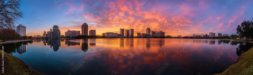 Panoramic view of city skyline in Miami, Florida. Lake shore perspective with orange, blue colors. Tall buildings stand out against sky. Warm sunset glow over cityscape.