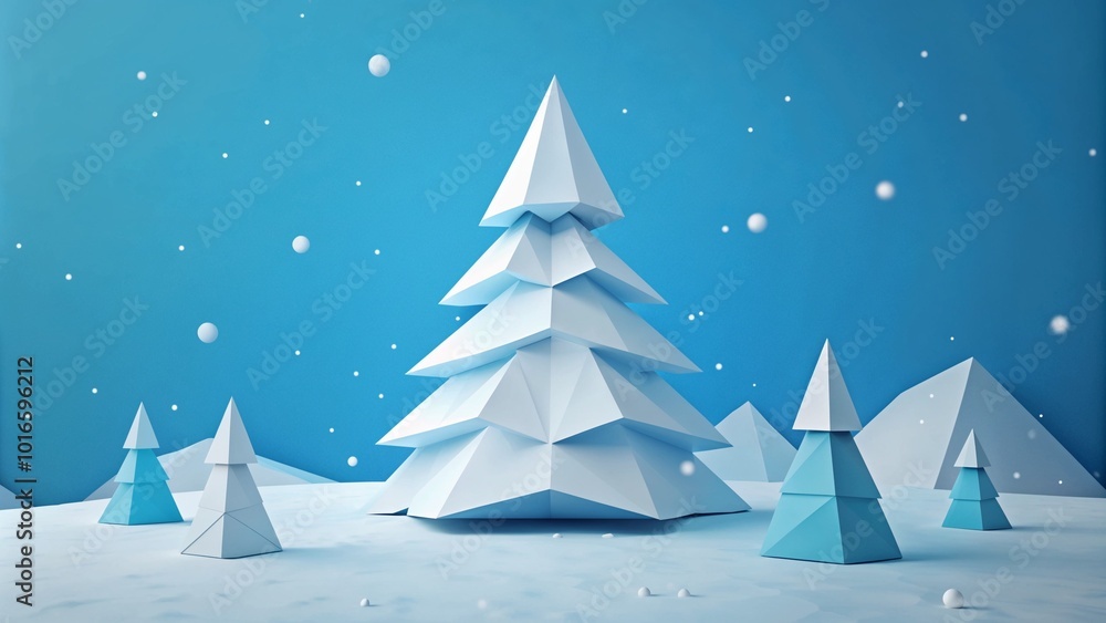Obraz premium Minimalist blue paper Christmas trees in snowy landscape
