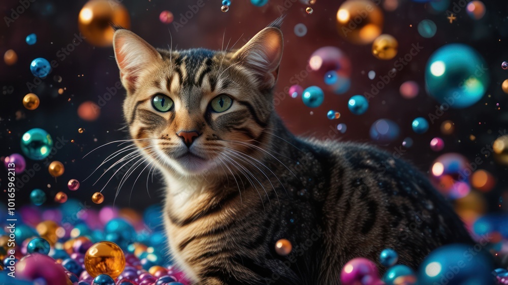 A tabby cat with green eyes sits among colorful spheres, looking directly at the viewer. A tabby cat with green eyes sits among colorful spheres, looking directly at the viewer.