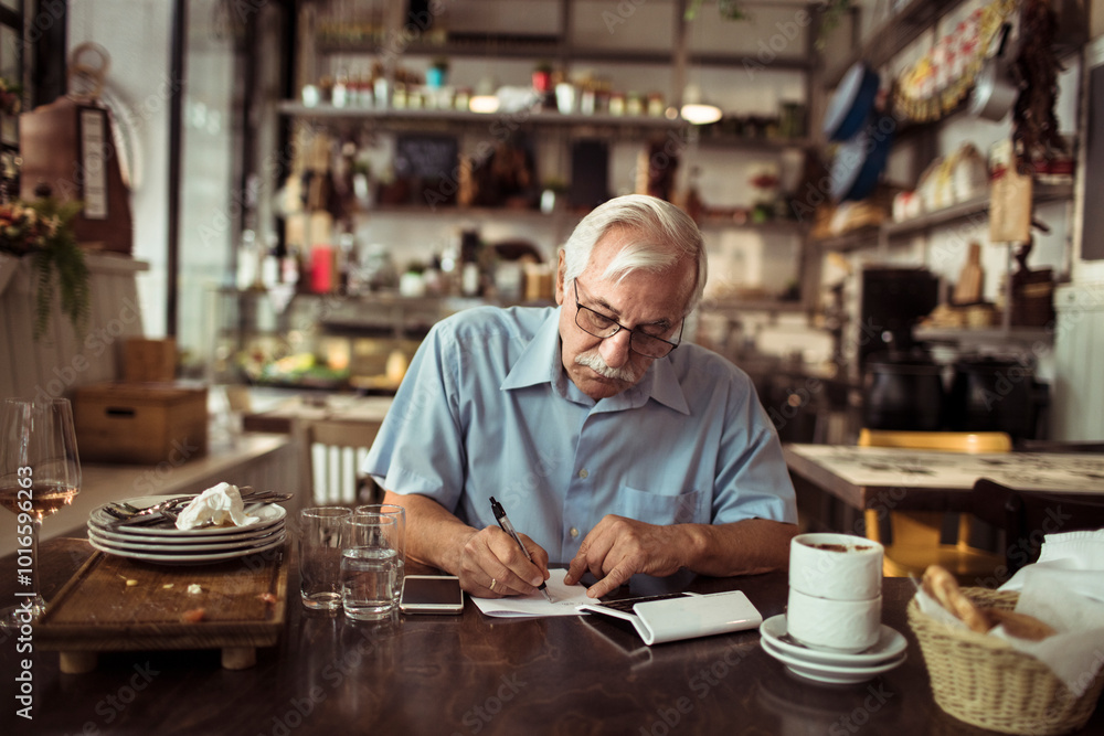 Senior bistro owner writing notes after busy day Senior bistro owner writing notes after busy day