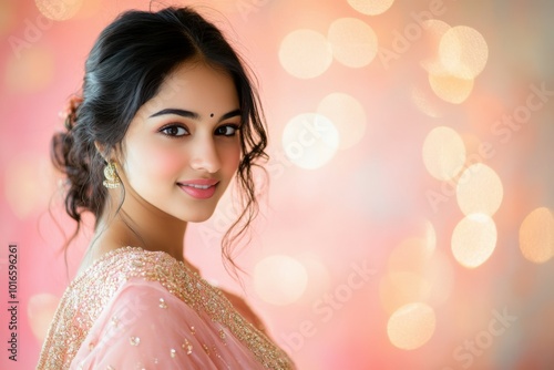 Portrait of Indian beautiful young woman in soft pink saree with gold embroidery, looking directly at the camera with a warm, welcoming smile, with a pink to peach bokeh gradient glowing backdrop