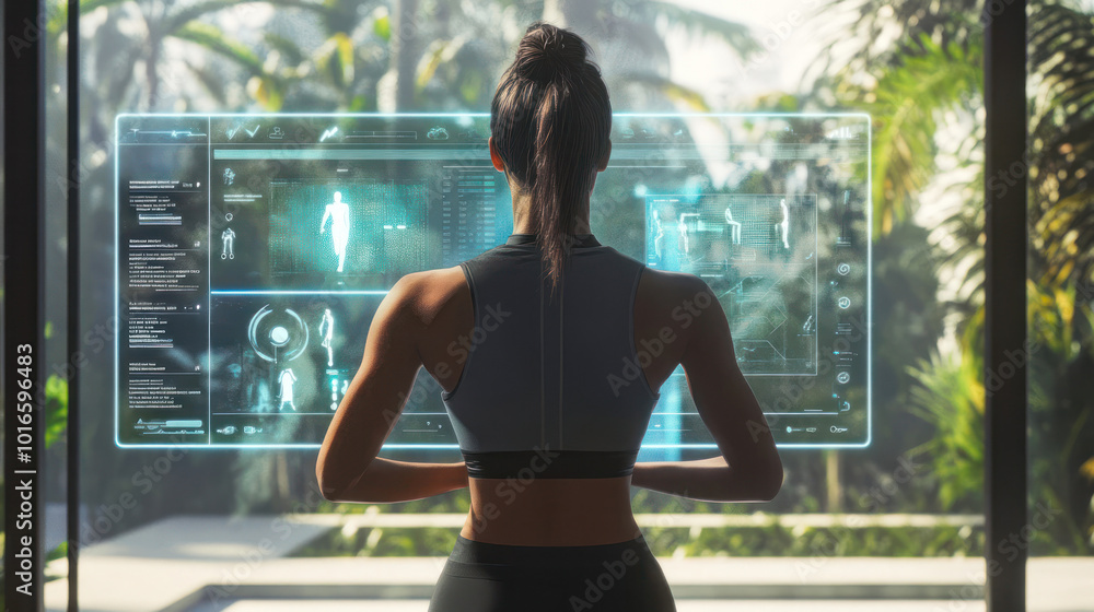 Young adult uses futuristic interface within nature. Young adult uses futuristic interface within nature.