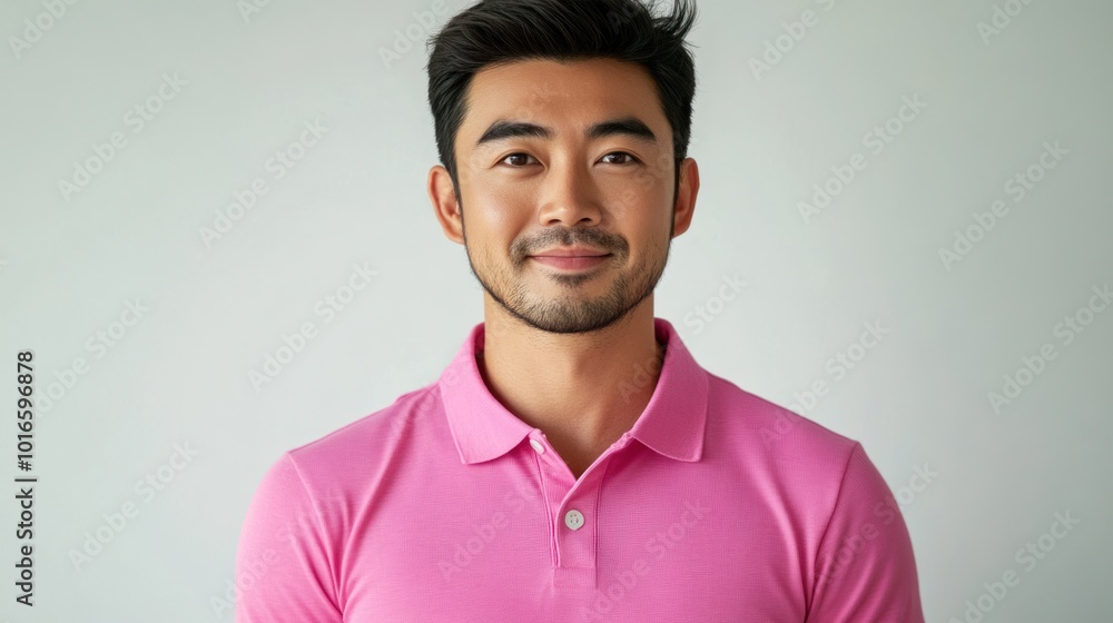Obraz premium Confident man wearing polo shirt, facing to camera, solid background