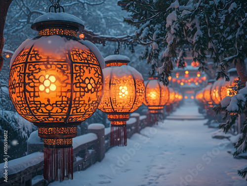 Dongzhi festival lanterns glowing in a quiet winter garden