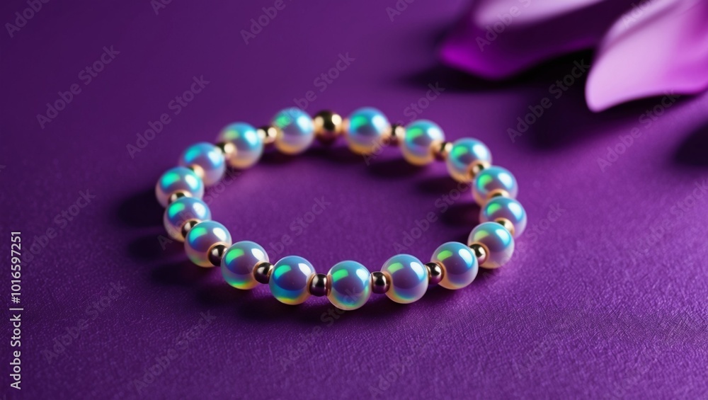 A iridescent pearl bracelet on a purple surface A iridescent pearl bracelet on a purple surface