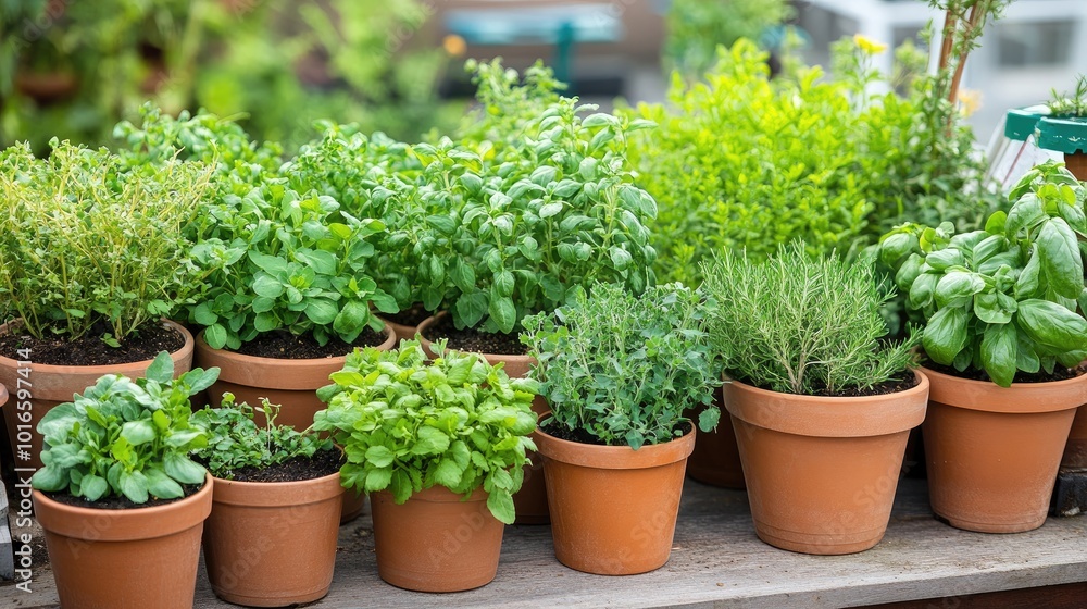 Fresh Herbs in Terra Cotta Pots on Garden Shelf Fresh Herbs in Terra Cotta Pots on Garden Shelf