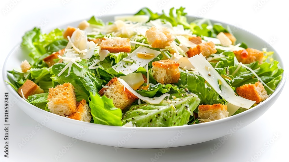 Crisp Caesar Salad with Parmesan Shavings and Croutons on White Background Crisp Caesar Salad with Parmesan Shavings and Croutons on White Background