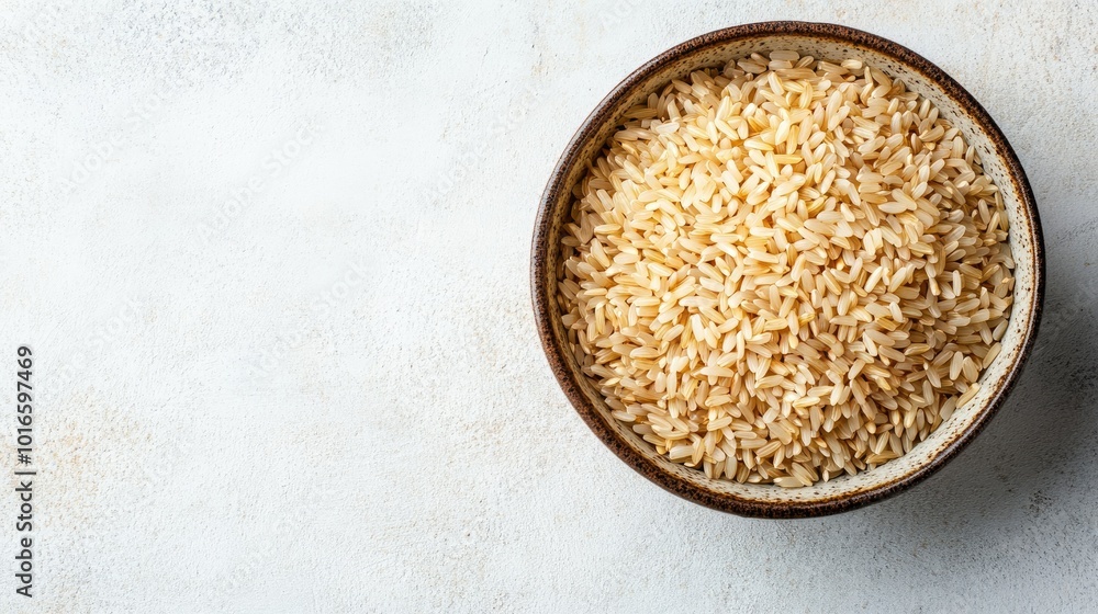 Brown rice in a ceramic bowl, top view with copy space on a light-colored surface, ideal for organic food promotion Brown rice in a ceramic bowl, top view with copy space on a light-colored surface, ideal for organic food promotion