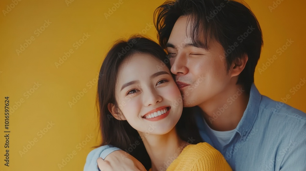 Affectionate couple embracing with yellow background Affectionate couple embracing with yellow background