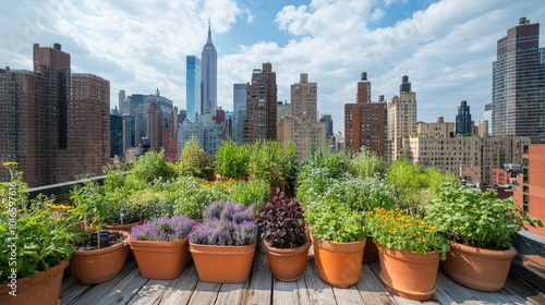 Urban Rooftop Garden with City Skyline View