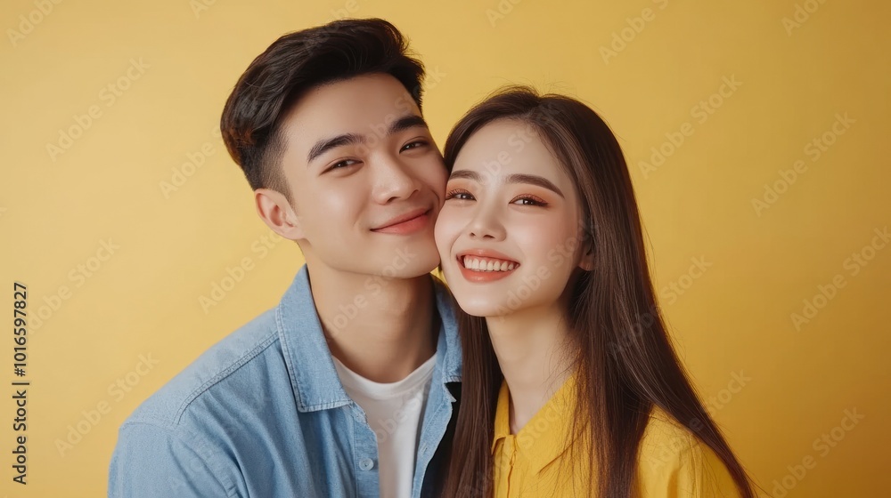 Smiling couple against a yellow background, daylight Smiling couple against a yellow background, daylight