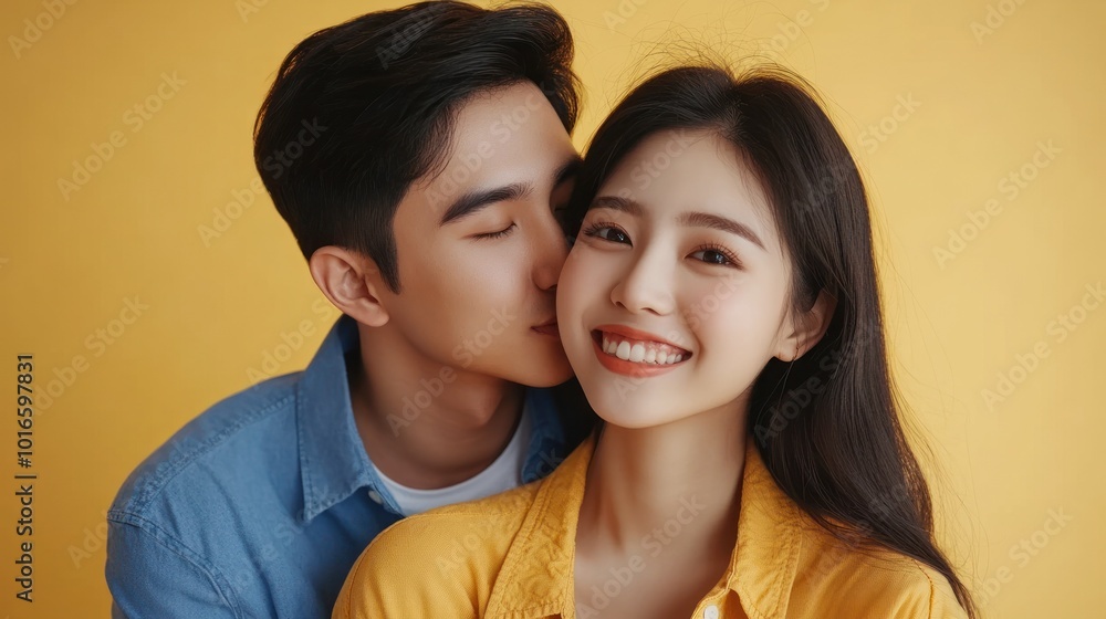 Loving couple smiling gently against bright yellow. Loving couple smiling gently against bright yellow.