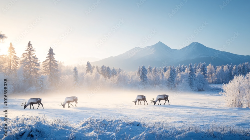 Naklejka premium Reindeer Grazing Peacefully in a Winter Wonderland with Snowy Mountains