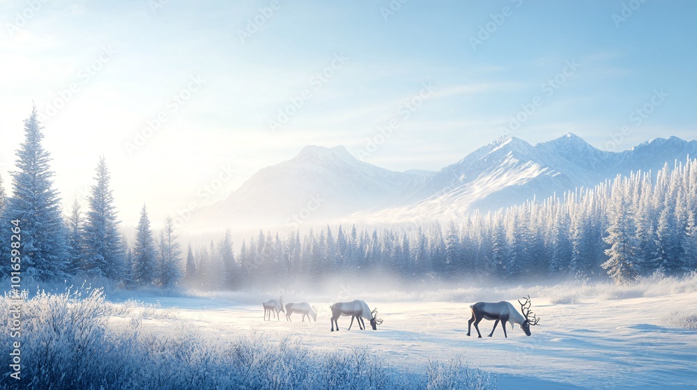 Reindeer Group Grazing in Scenic Snowy Field with Majestic Mountain Backdrop Reindeer Group Grazing in Scenic Snowy Field with Majestic Mountain Backdrop