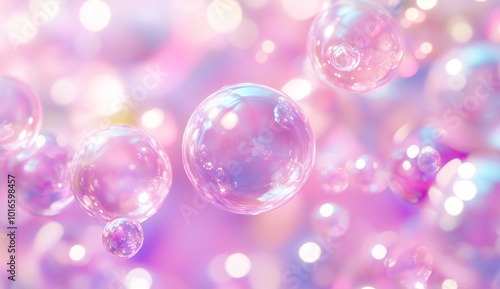 Dreamy Transparent Soap Bubbles with Pastel Pink and Purple Bokeh Lights