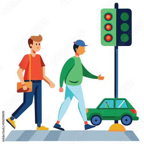 Two male characters are walking along a pedestrian crossing on a green traffic light signal in front of a car with a driver on a white background