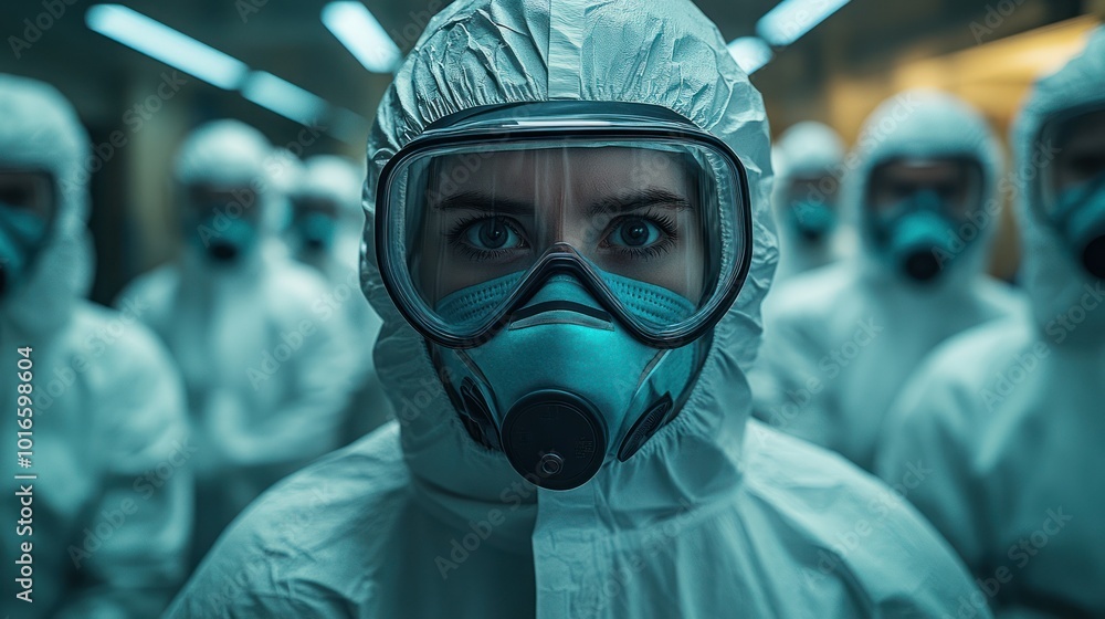 Individuals wearing advanced protective uniforms focused. Individuals wearing advanced protective uniforms focused.