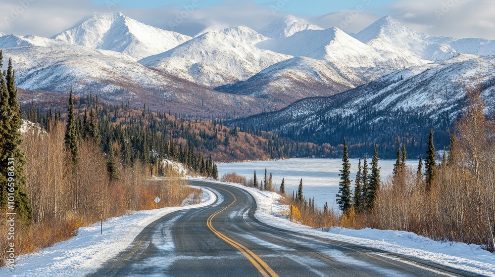 Scenic Winter Road Through Majestic Snowy Mountains Scenic Winter Road Through Majestic Snowy Mountains