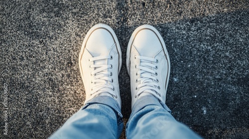 Close-up top view of feet in sneakers on a plain surface, with room for text or branding