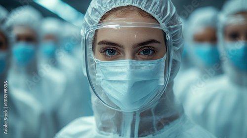 Focused scientist wearing protective suit in a lab