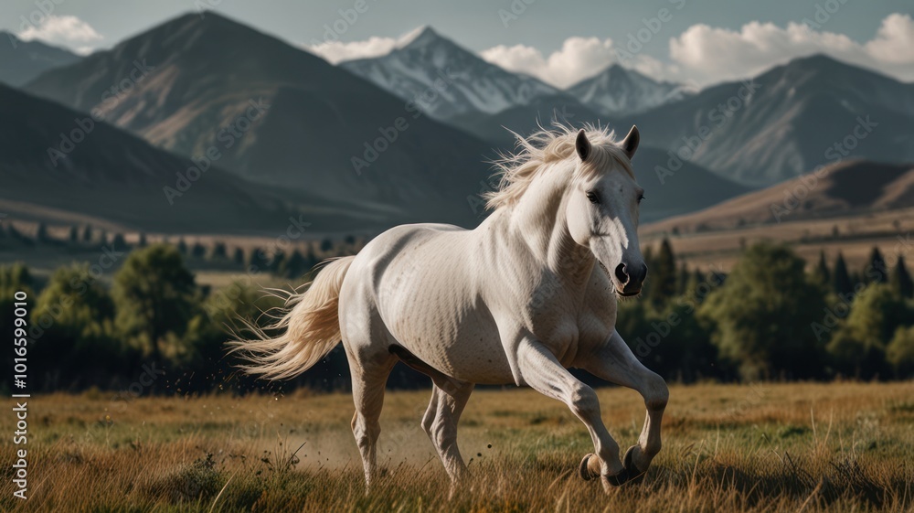 A white horse runs through a field with mountains in the background. A white horse runs through a field with mountains in the background.