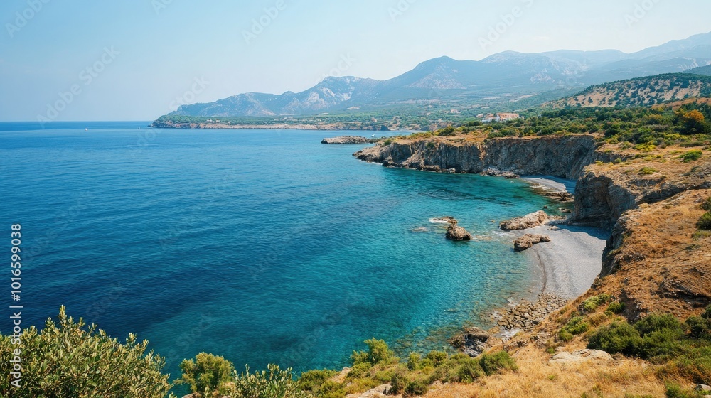 Obraz premium Coastal view of the European sea, no people, with copy space for travel and adventure-related content