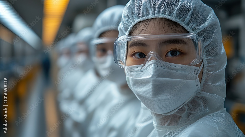 Technicians in protective suits focus on research Technicians in protective suits focus on research