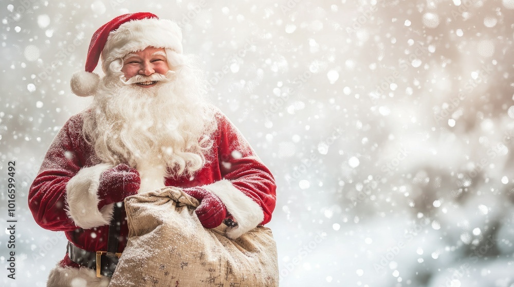 A jolly Santa Claus holding a big sack of gifts, set on a snow-white background. A jolly Santa Claus holding a big sack of gifts, set on a snow-white background.