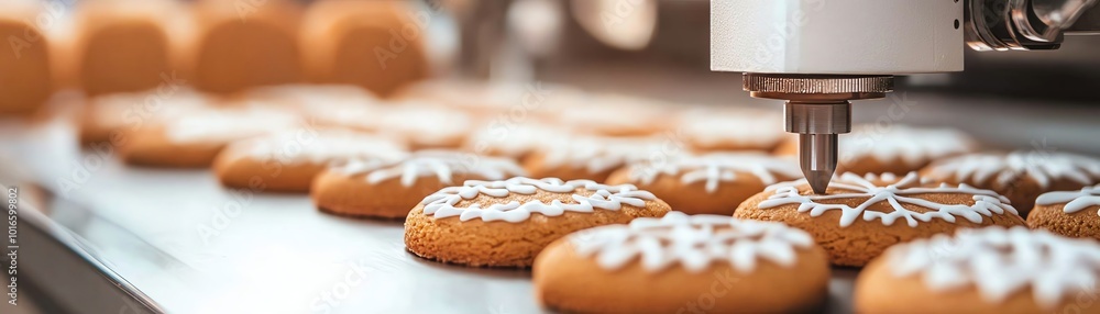 Freshly baked cookies being decorated with icing in a modern bakery process. Freshly baked cookies being decorated with icing in a modern bakery process.