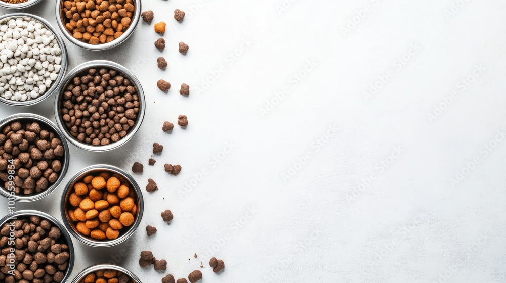 Dog food and accessories, top view on white background with room for copy, perfect for pet industry designs