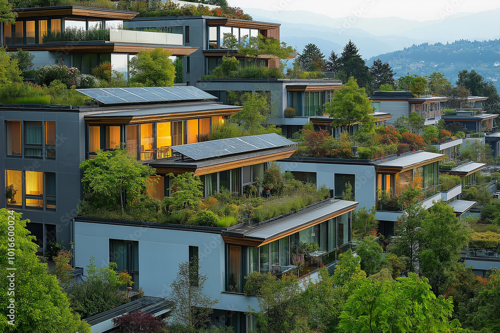 High angle view of residential building using solar power High angle view of residential building using solar power
