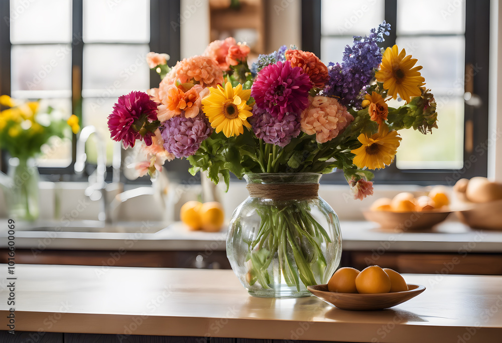 Multicolored flowers in a vase on a table against the background of a kitchen. Cozy home atmosphere, holiday, spring Multicolored flowers in a vase on a table against the background of a kitchen. Cozy home atmosphere, holiday, spring