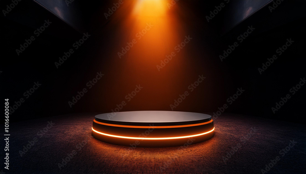 cylindrical podium and orange spotlight. 3D Rendering cylindrical podium and orange spotlight. 3D Rendering