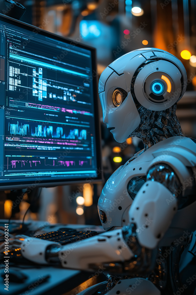 a human-like robot sits behind a large computer, a video editor is on the video screen a human-like robot sits behind a large computer, a video editor is on the video screen