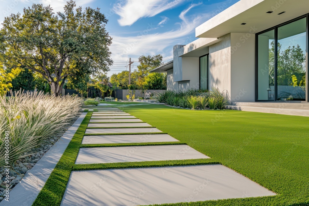 Pale rose artificial grass enhancing the front of a modern home with simple lines and a geometric concrete pathway Pale rose artificial grass enhancing the front of a modern home with simple lines and a geometric concrete pathway