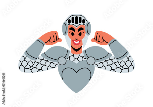 Brave female knight in helmet, armor shows arm muscles. Strong woman feeling power, presenting strength. Happy girl in armour of ancient soldier. Flat isolated vector illustration on white background