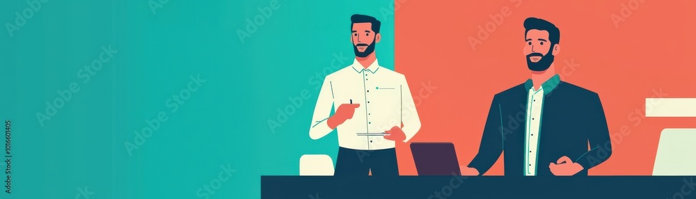 Two professionals engaging in a discussion at a contemporary office with colorful backgrounds. Two professionals engaging in a discussion at a contemporary office with colorful backgrounds.