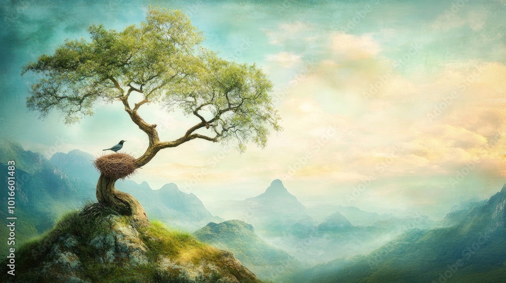 Tranquil Landscape with Tree and Nesting Bird Tranquil Landscape with Tree and Nesting Bird
