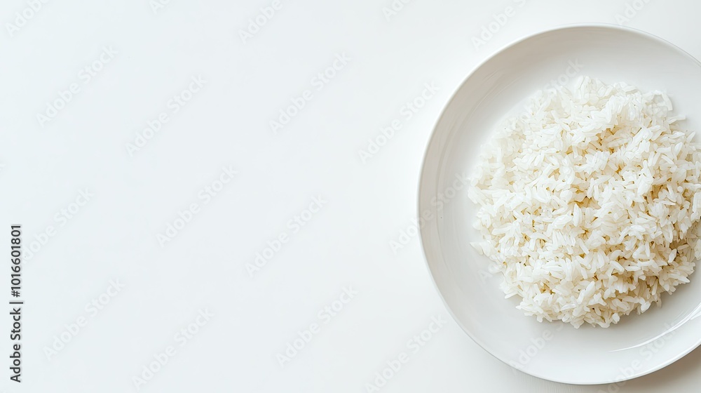 Fluffy rice served on a white plate, with ample space for text or logos on a clean white background Fluffy rice served on a white plate, with ample space for text or logos on a clean white background